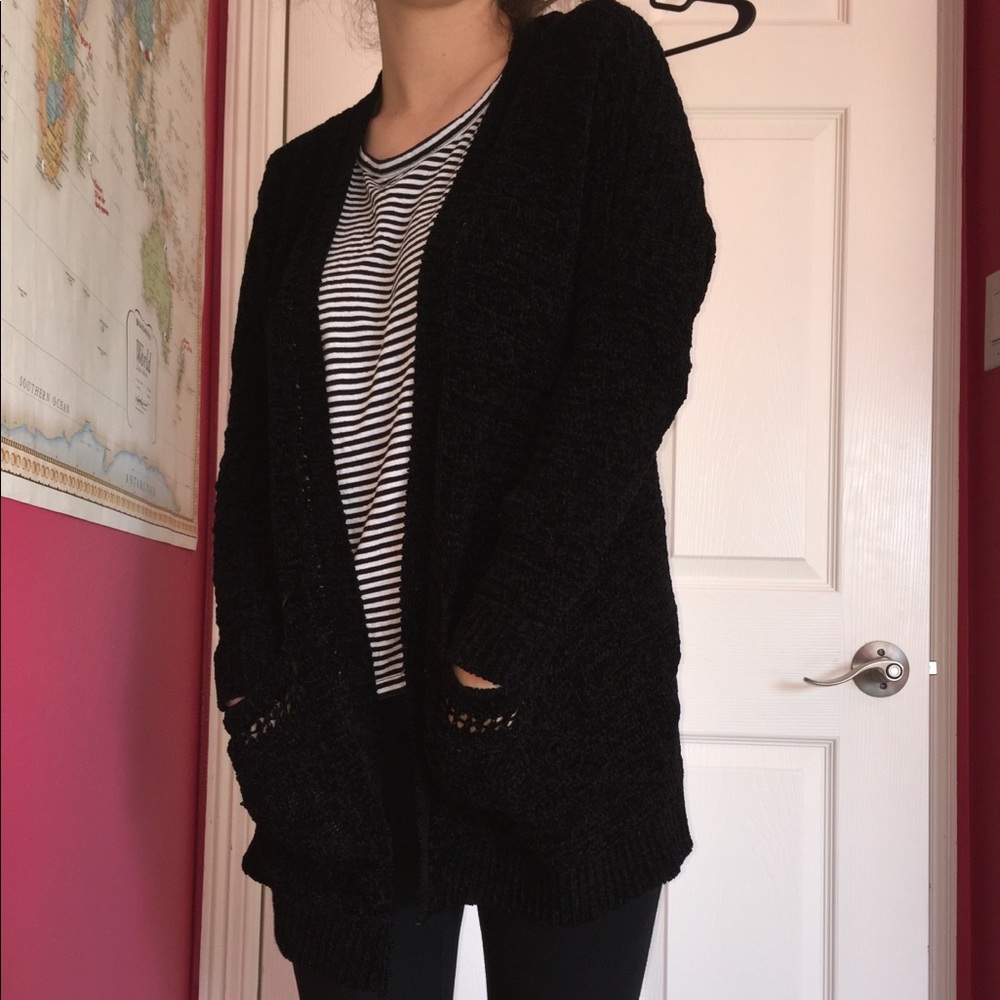 Black velvety open sweater